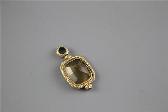 A Victorian yellow metal overlaid citrine fob pendant, overall 46mm,